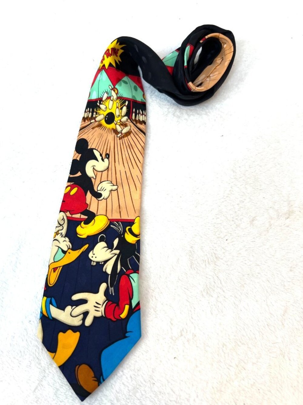 Vintage Disney Store Neck Tie Necktie Silk Mickey Bowling Alley Donald Pluto